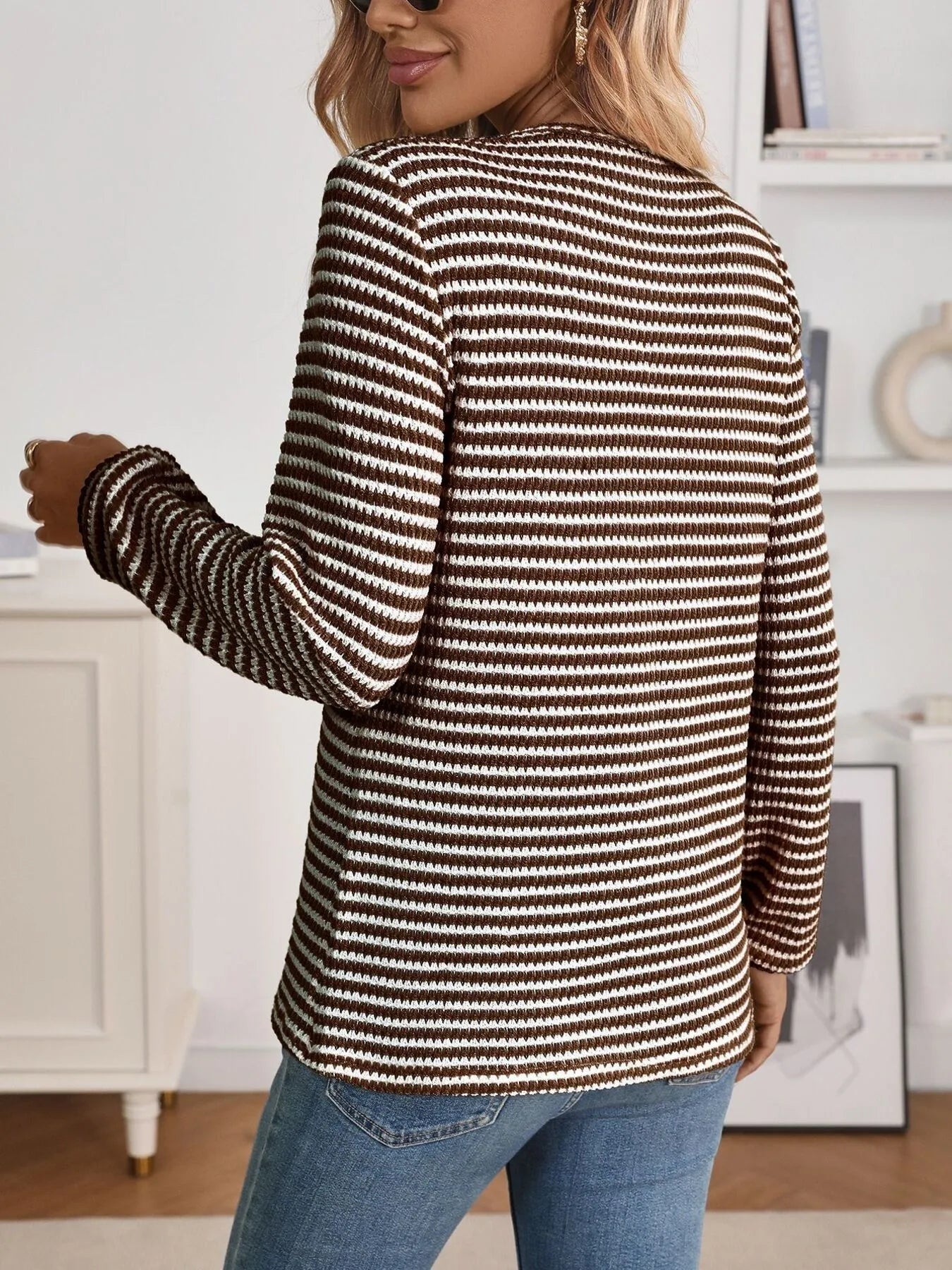 Striped Button Detail Long Sleeve Top - Fashorio