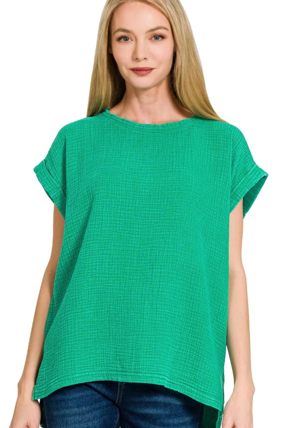 Zenana Woven Double Gauze Acid Washed Short Sleeve Top - Fashorio