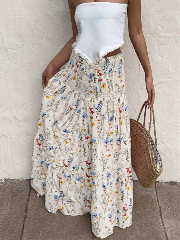 Floral Tiered Maxi Skirt White - Fashorio