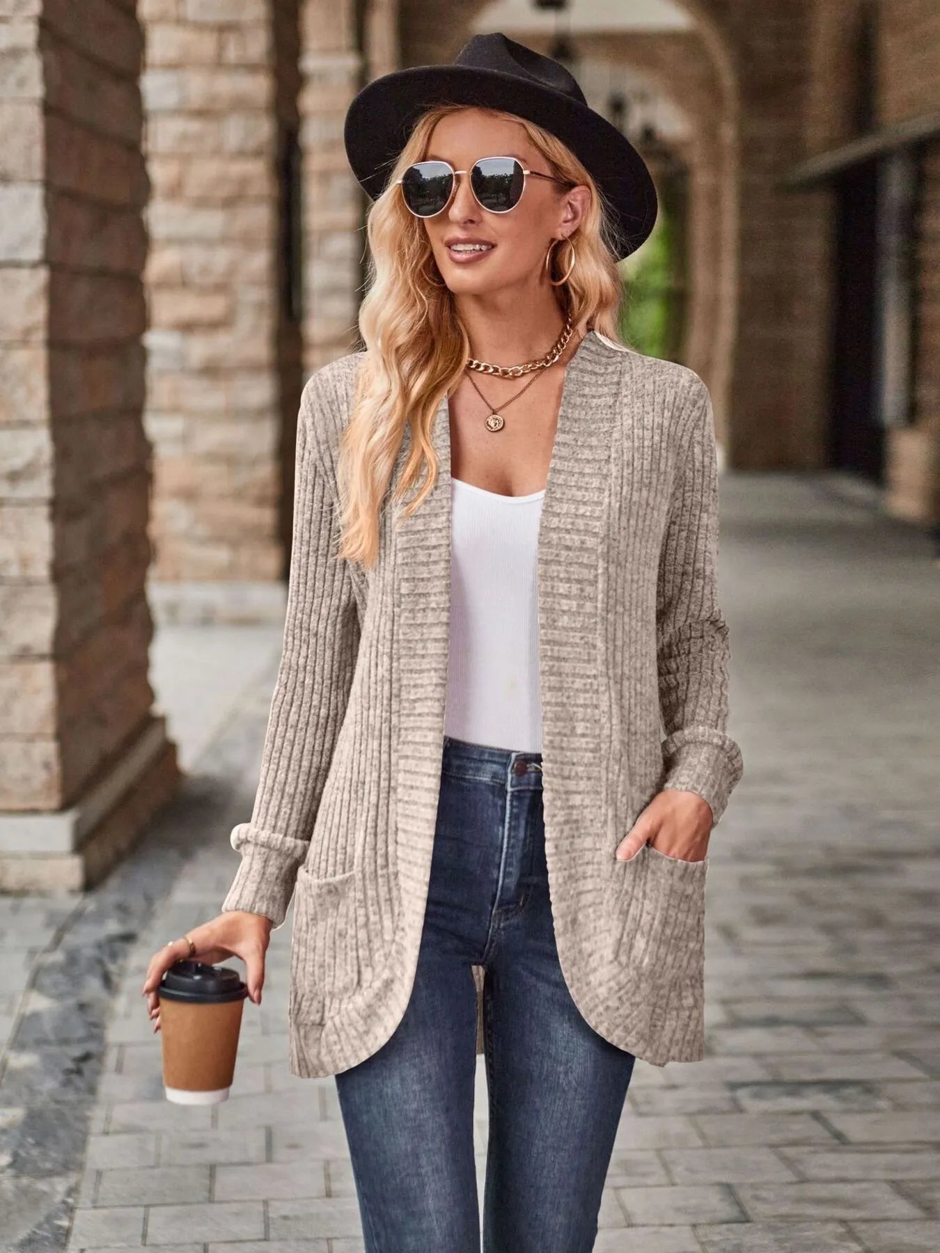 Ribbed Open Front Long Cardigan with Pockets - Fashorio