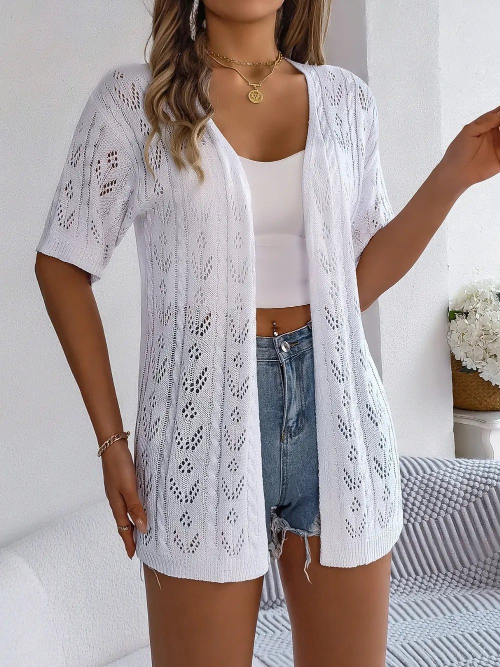 Openwork Open Front Half Sleeve Cardigan - Fashorio