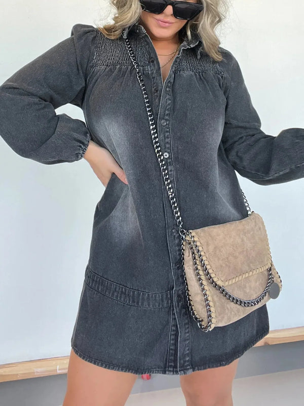 Full Size Button Front Long Sleeve Denim Dress Plus Size Washed Black - Fashorio