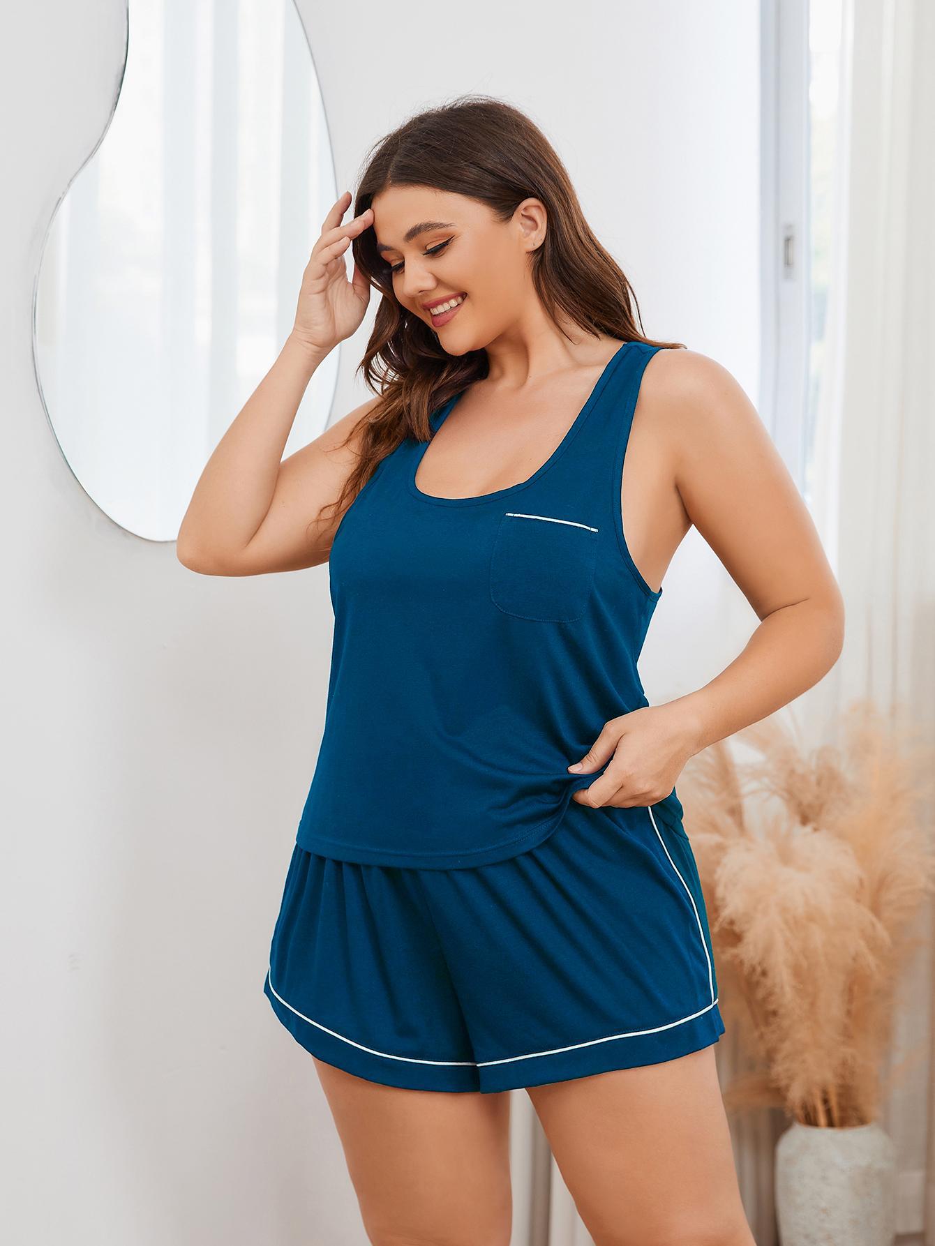 Plus Size Contrast Piping Racerback Tank and Shorts Lounge Set - Fashorio