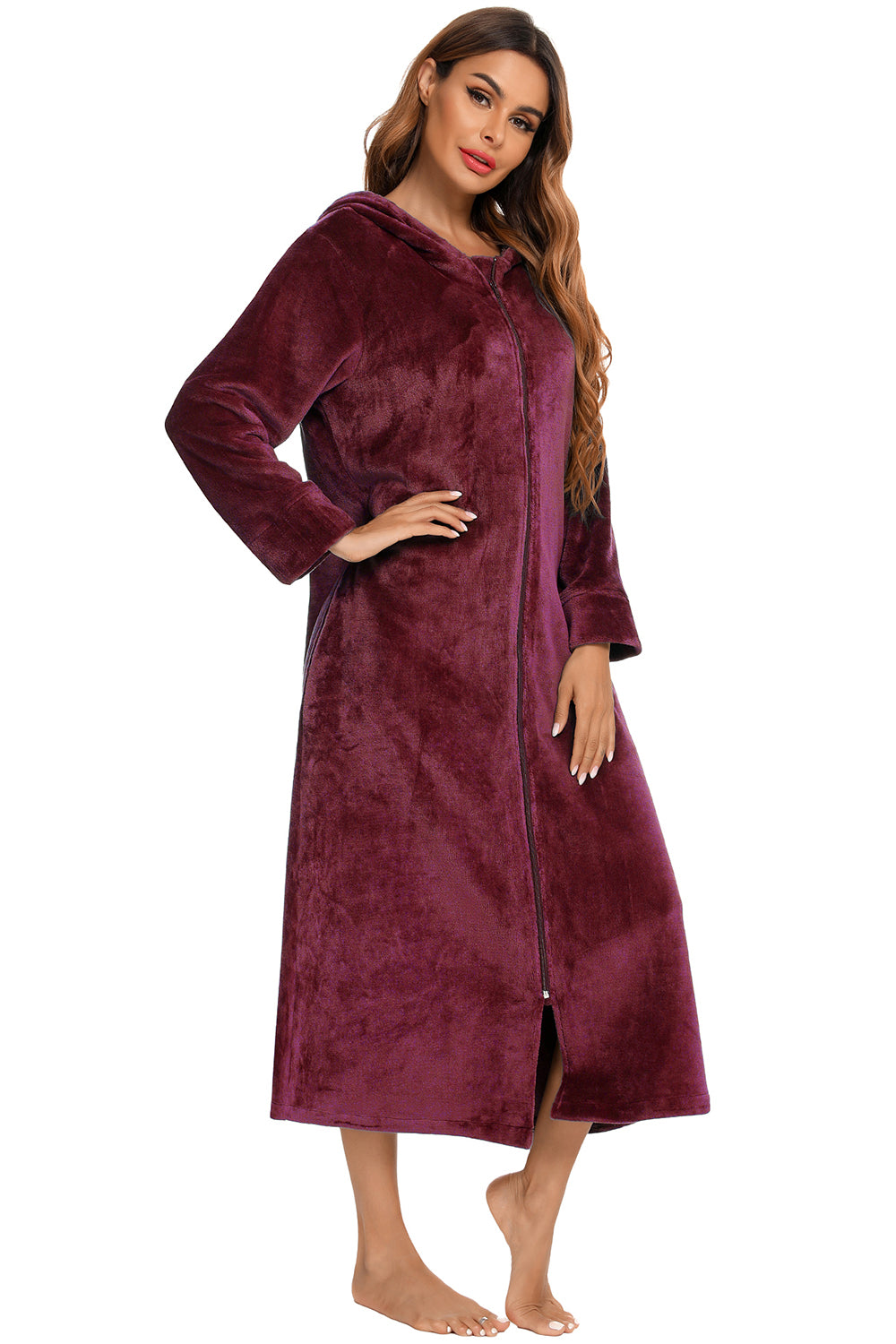 Zip Front Hooded Night Dress with Pockets - Fashorio