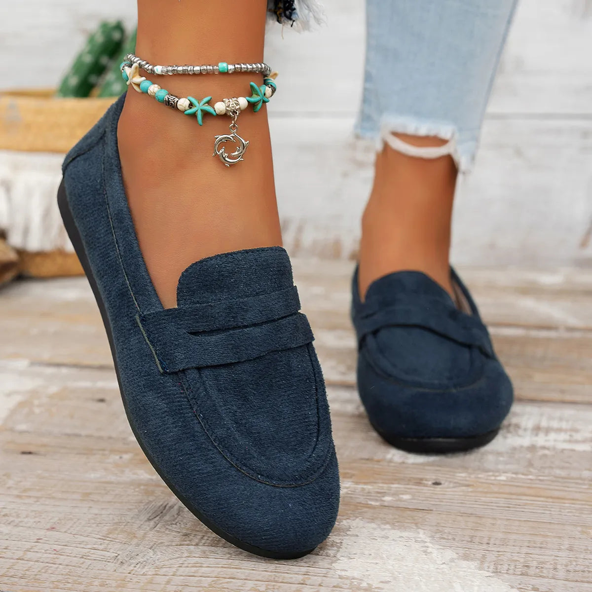 Round Toe Slip-Ons Dark Blue - Fashorio