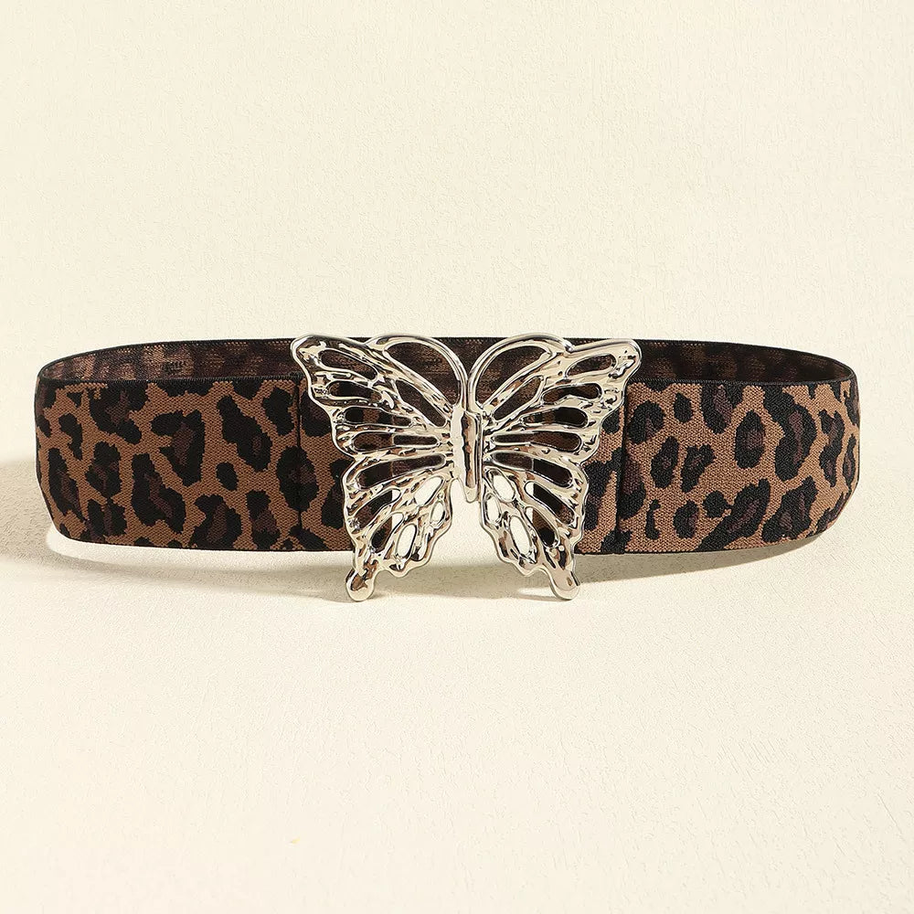 Butterfly Alloy Buckle Elastic Belt Leopard One Size - Fashorio