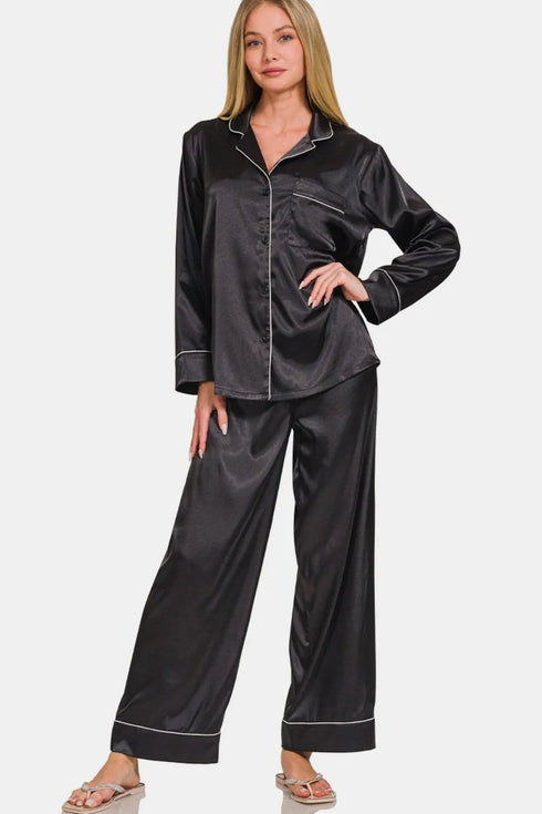 Zenana Satin Long Sleeve Shirt and Pants Pajama Set Black - Fashorio