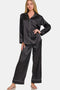 Zenana Satin Long Sleeve Shirt and Pants Pajama Set Black - Fashorio