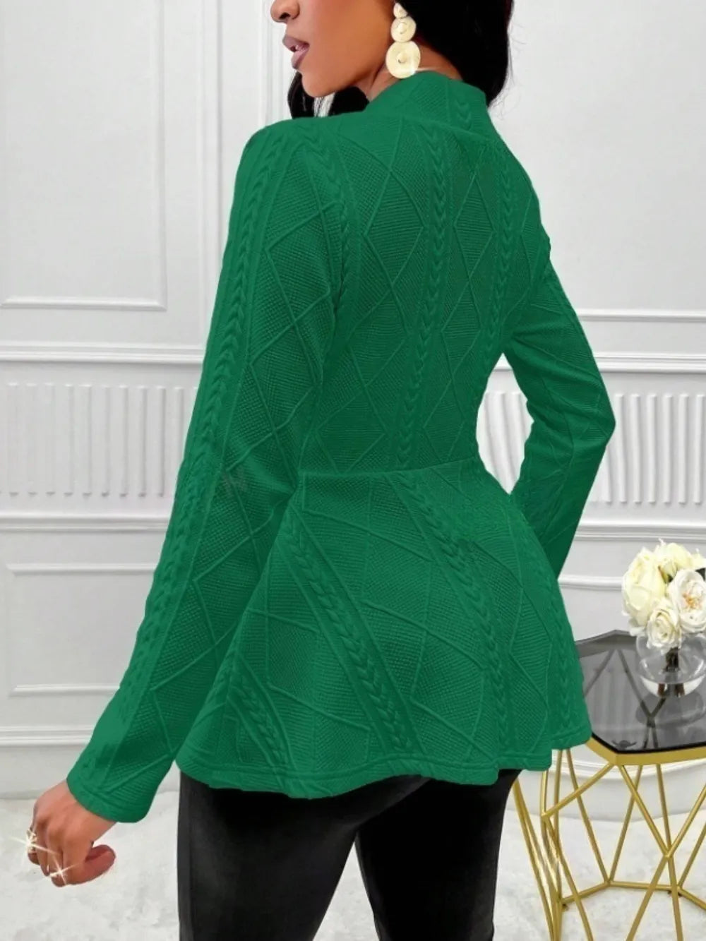 One Button Textured Peplum Cardigan - Fashorio