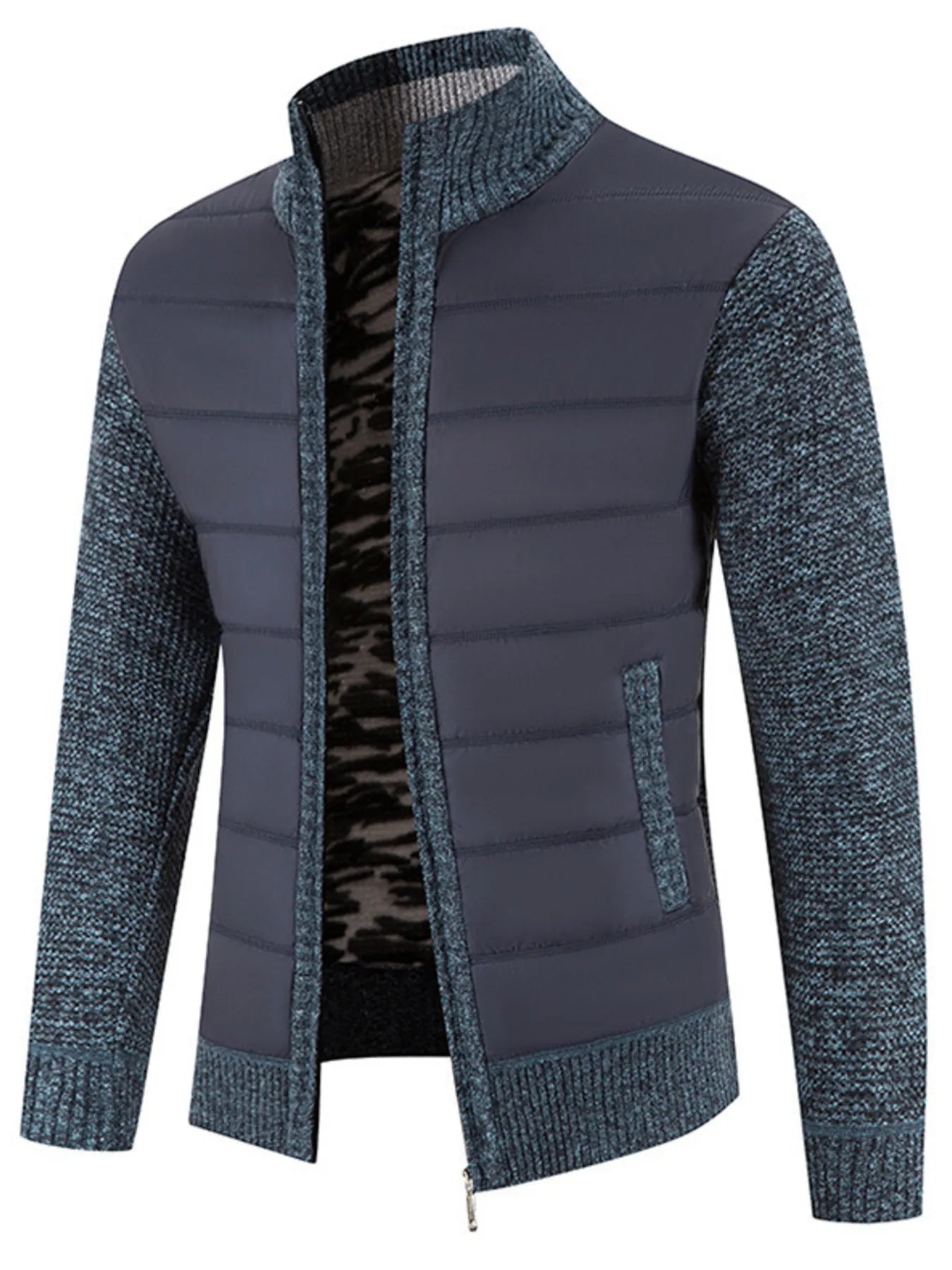 Men's Plus Size Quilted Knit Bomber Jacket with Stand Collar - Fashorio