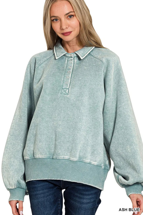 Zenana Acid Wash Fleece Collared Sweatshirt - Fashorio