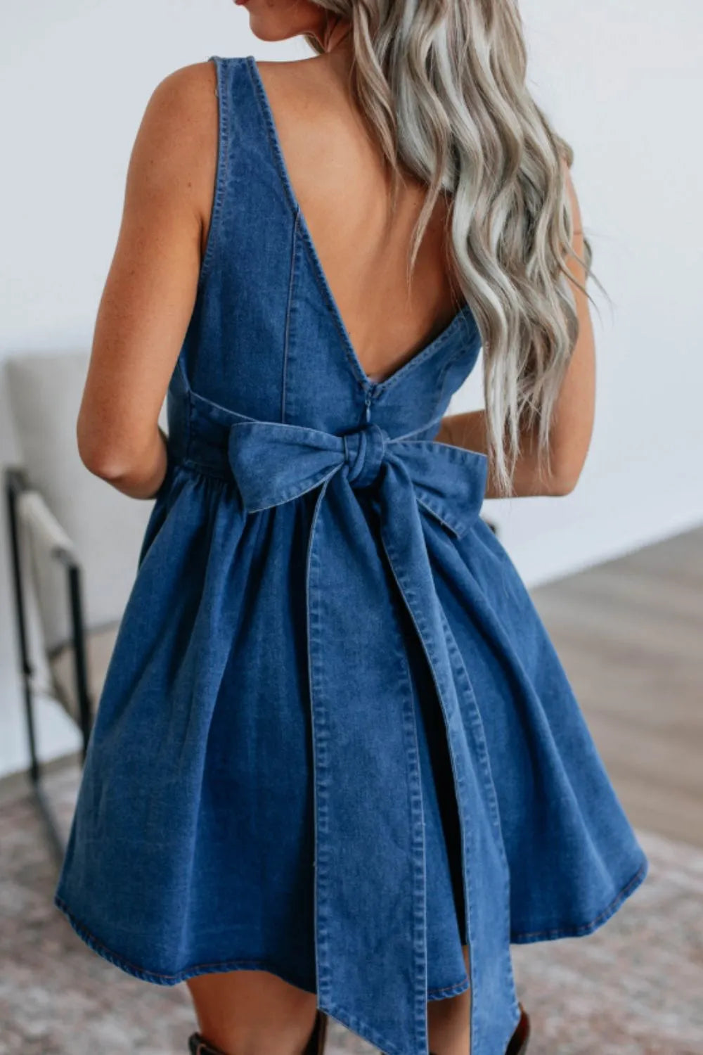 V-Back Bow Tie Denim Skater Dress - Fashorio