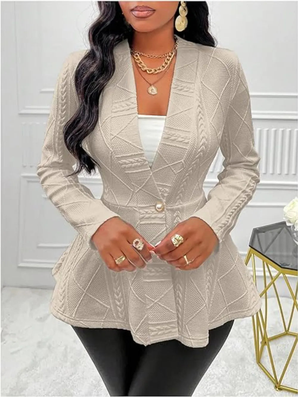 One Button Textured Peplum Cardigan - Fashorio