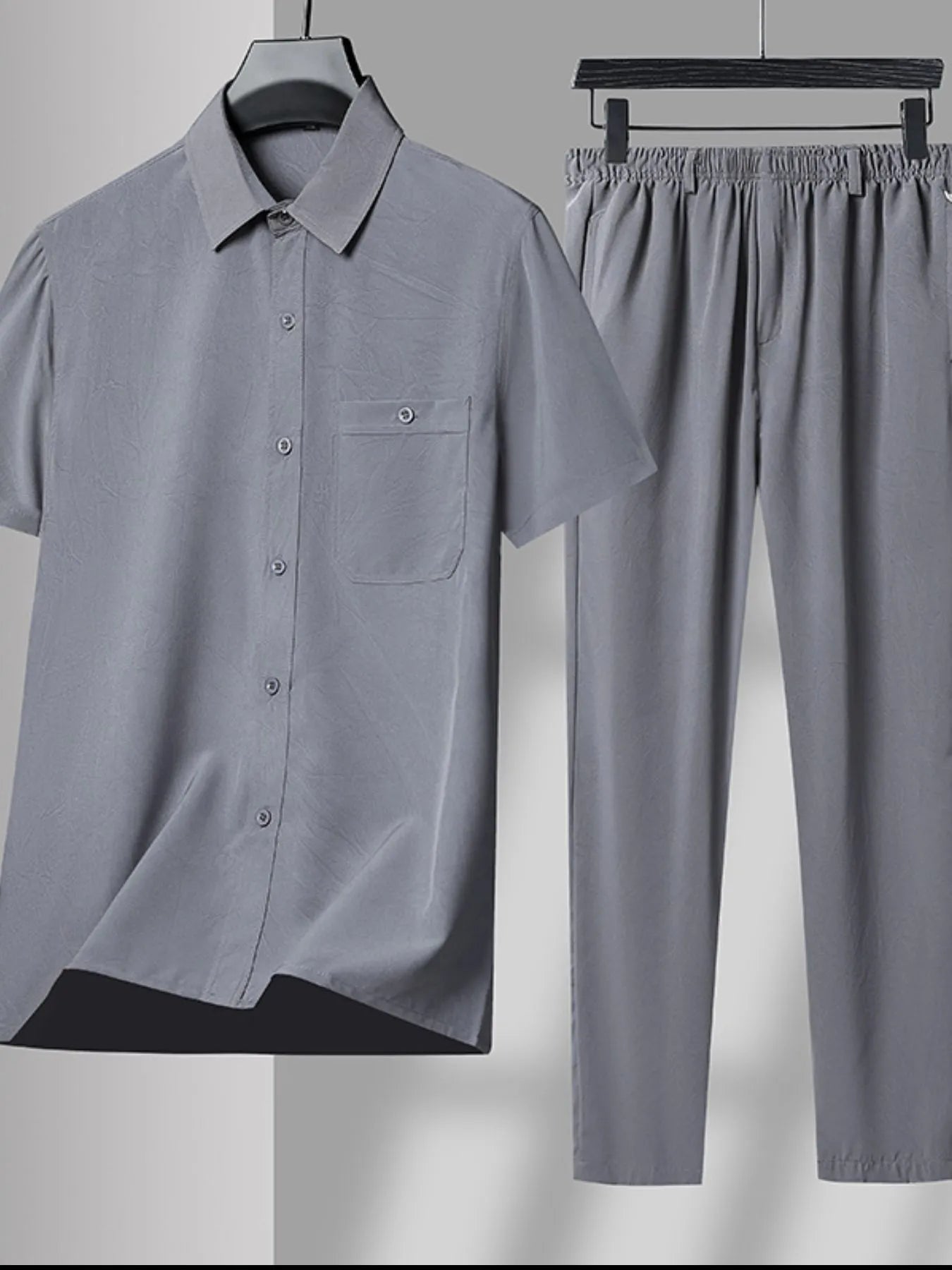 Men's Plus Size Button Up Short Sleeve Shirt and Pants Set Gray - Fashorio