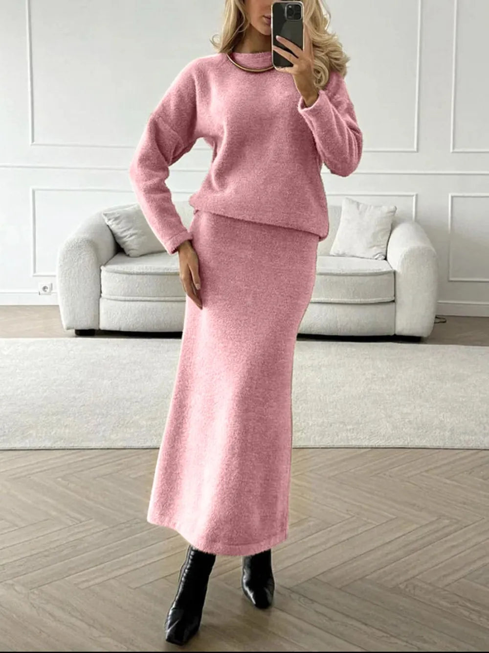 Round Neck Dropped Shoulder Top and Midi Skirt Sweater Set - Fashorio