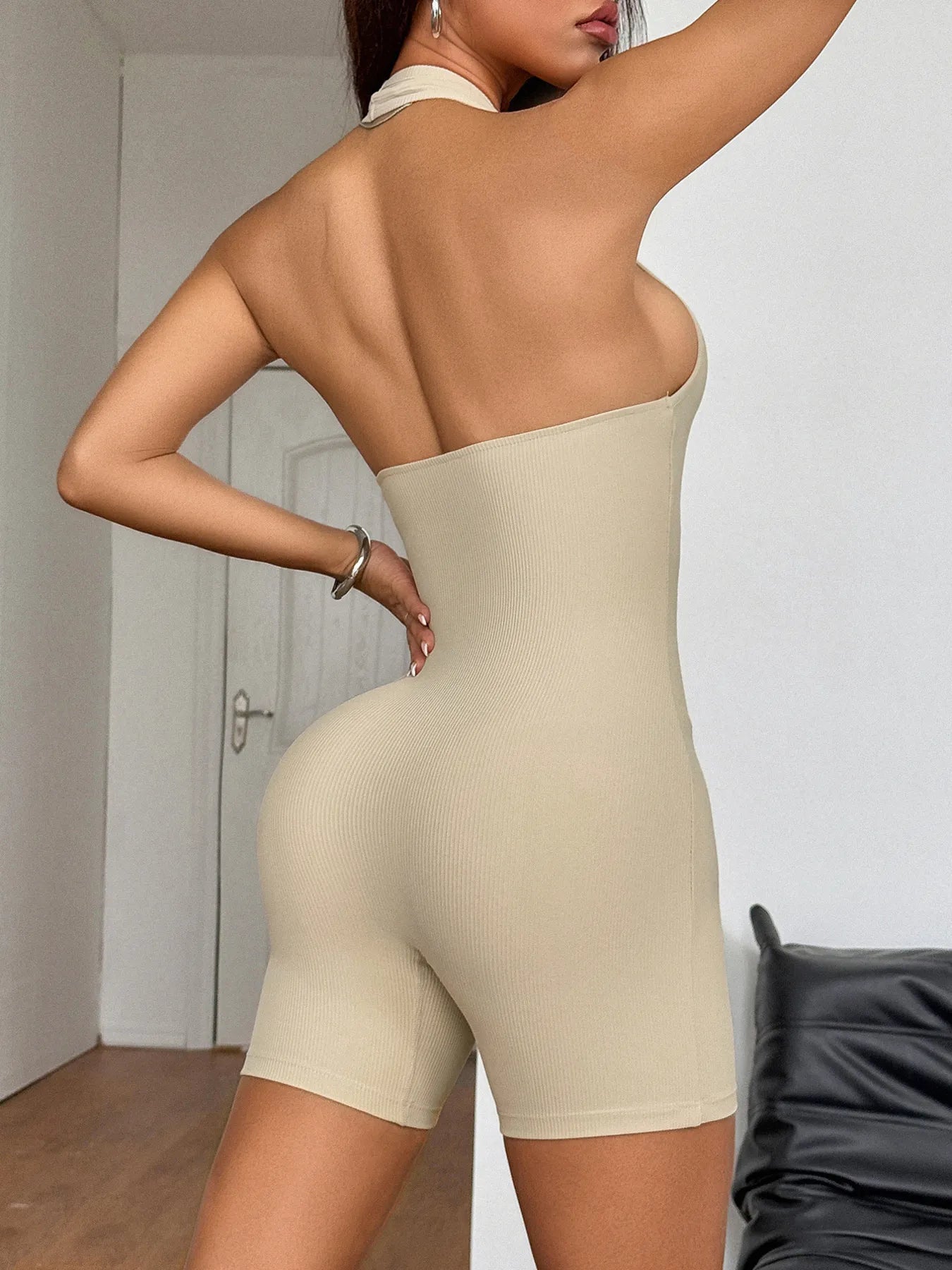 Halter Neck Ribbed Athletic Romper - Fashorio