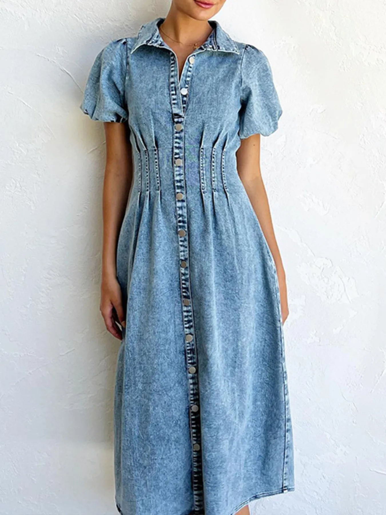 Puff Sleeve Button Front Denim Midi Dress Blue - Fashorio