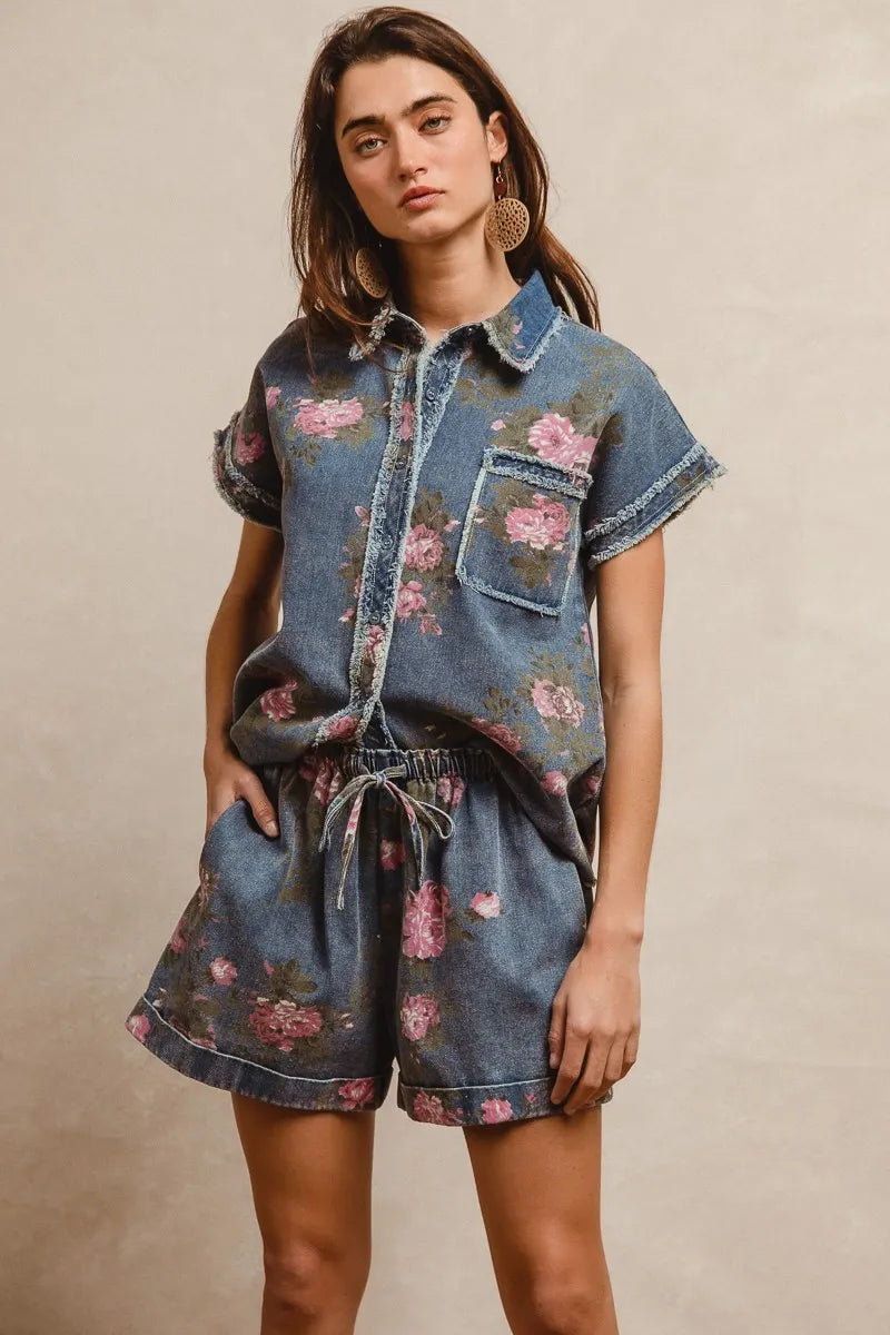 BiBi Floral Printed Denim Short Pants With Pocket - Fashorio