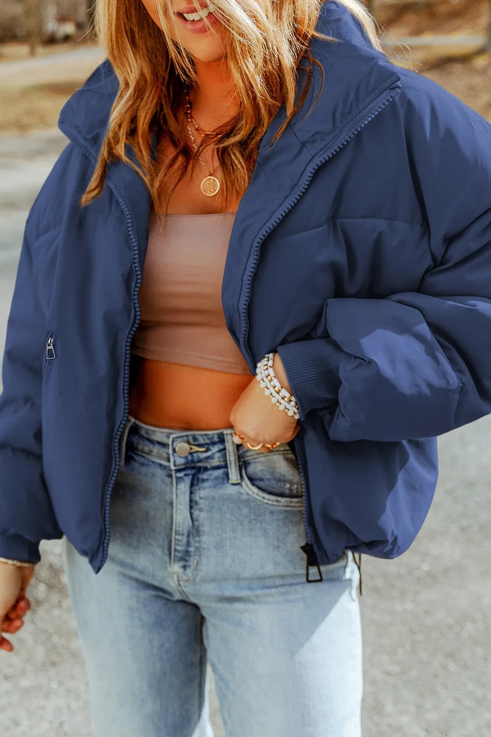 Zip Up Collared Neck Coat with Pockets - Fashorio