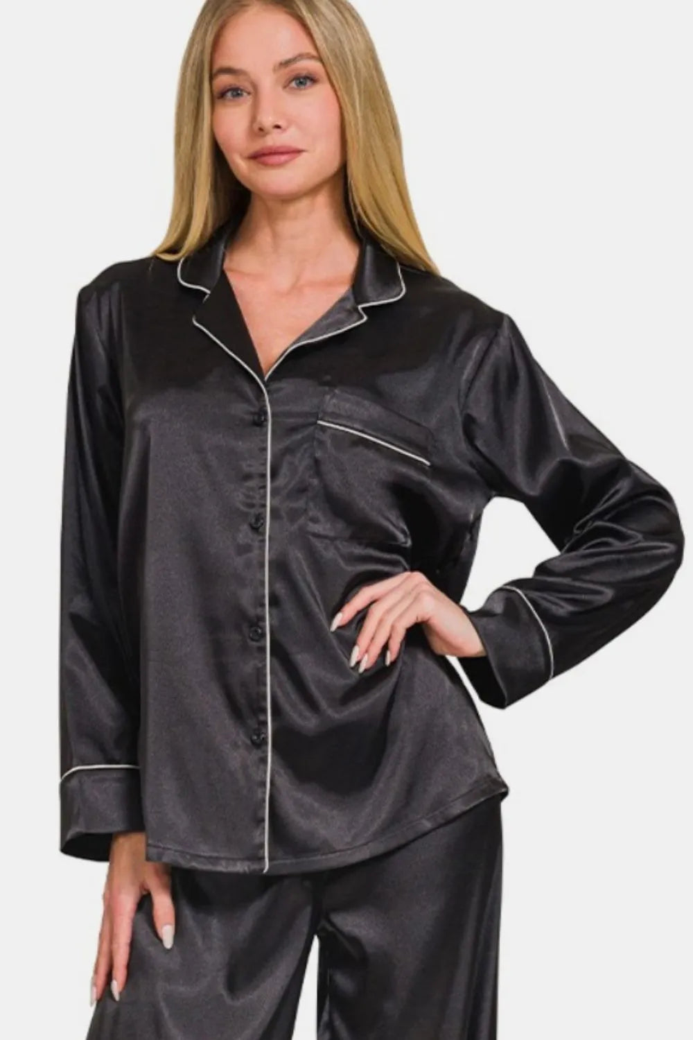 Zenana Satin Long Sleeve Shirt and Pants Pajama Set - Fashorio