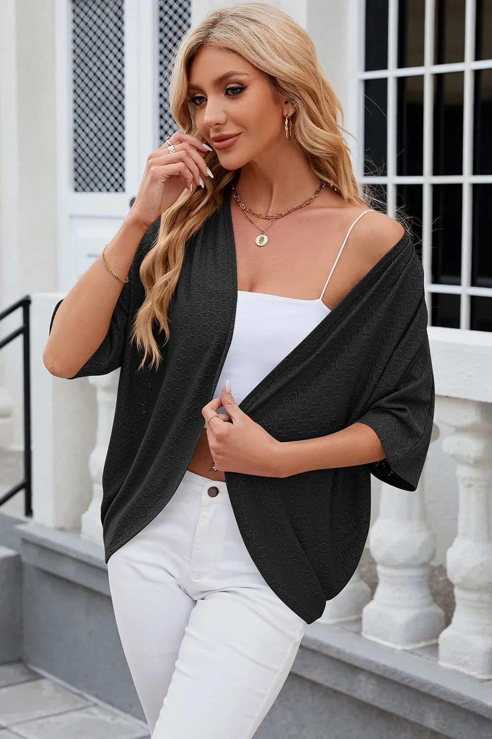 Eyelet Open Front Half Sleeve Cardigan - Fashorio