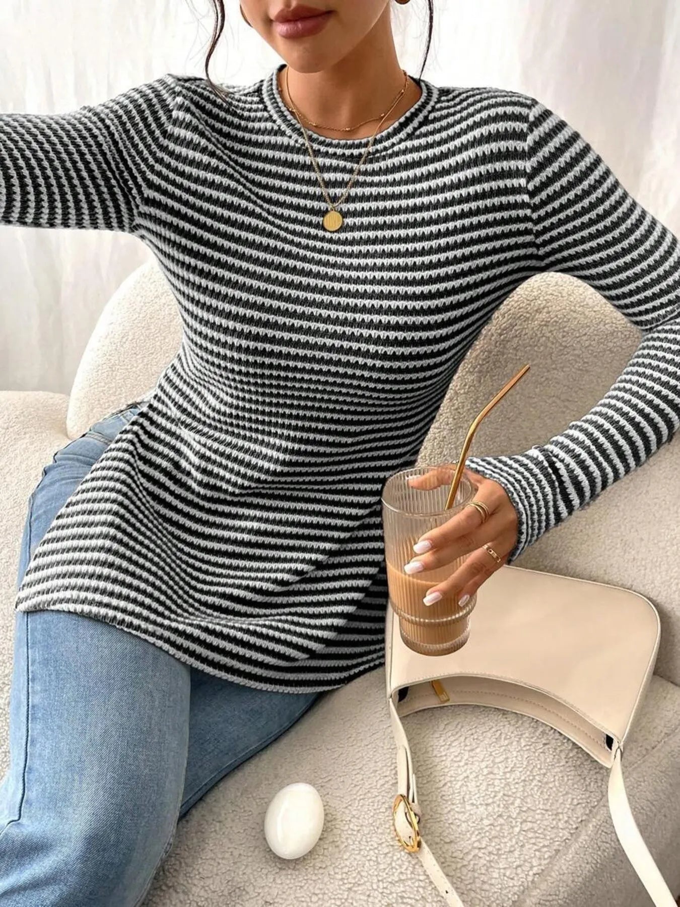 Side Slit Striped Long Sleeve T-Shirt Black - Fashorio