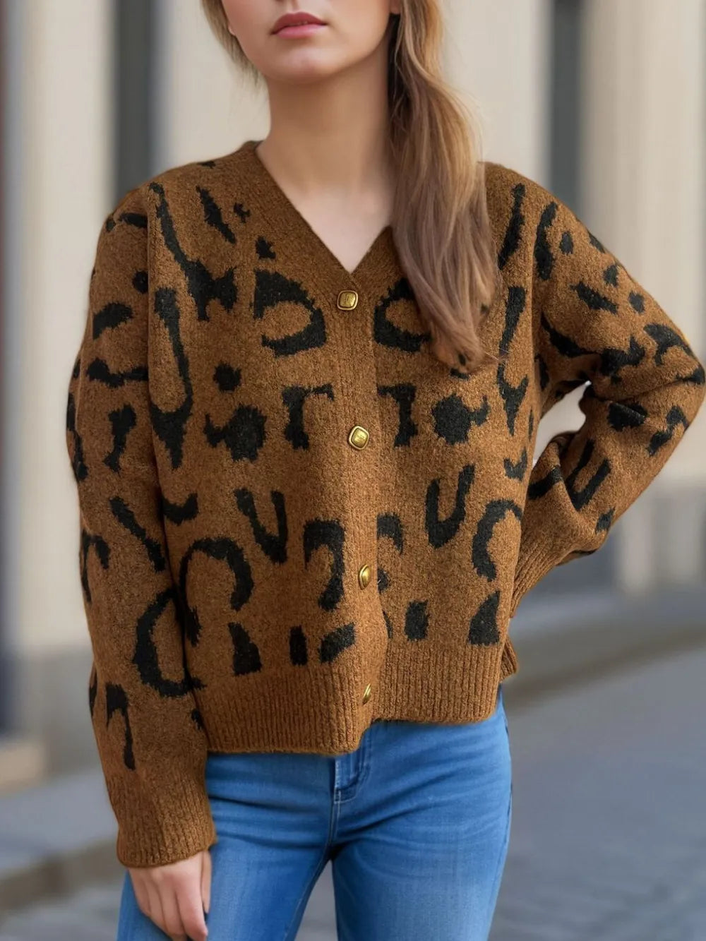 Leopard V-Neck Button Up Cardigan - Fashorio