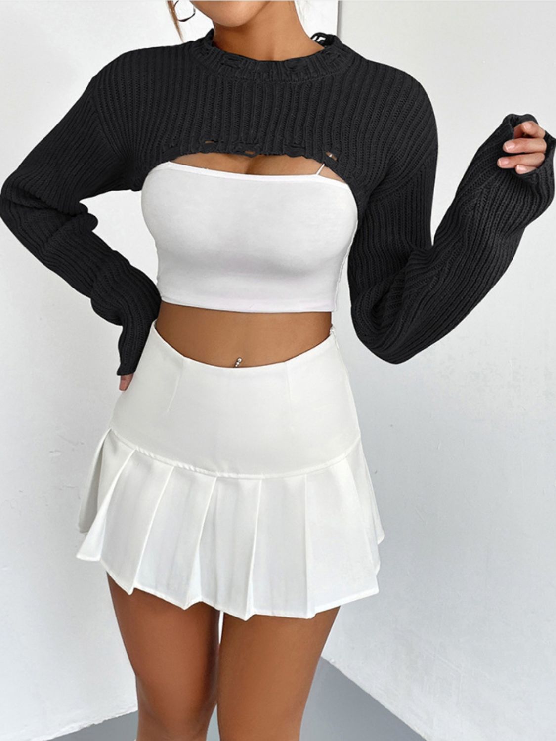 Distressed Long Sleeve Cropped Sweater - Fashorio
