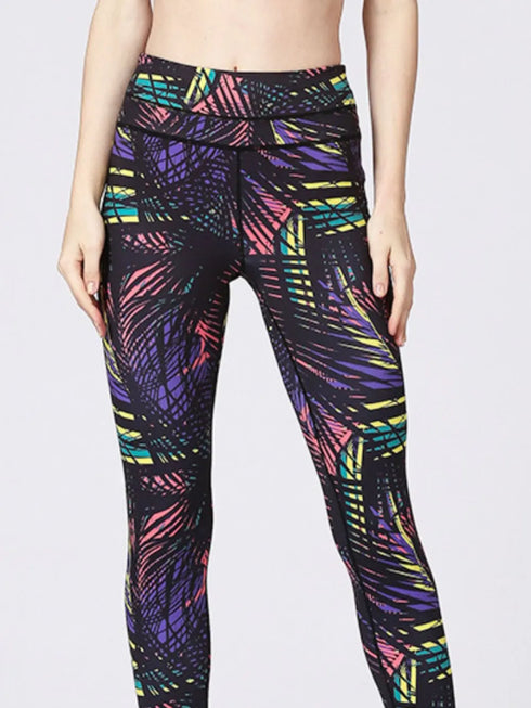 Printed Wide Waistband Active Leggings with Stirrups - Fashorio