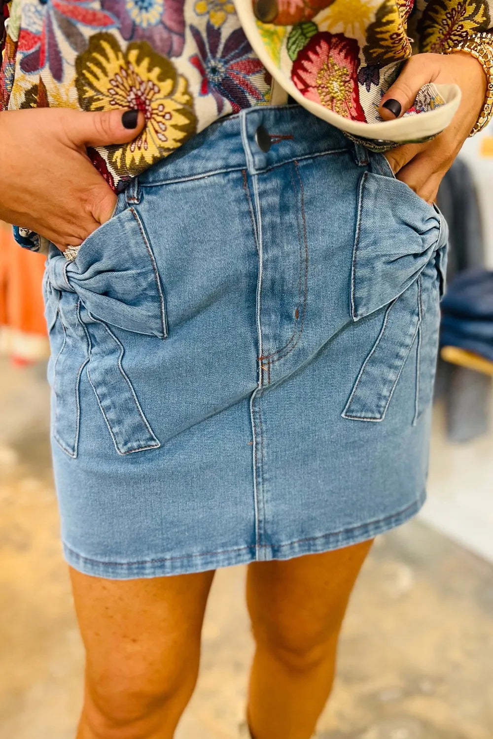 Acid Wash Bowknot Details High Waist Denim Skirt - Fashorio