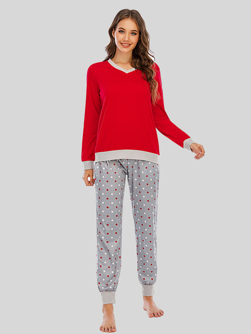 Long Sleeve Top and Polka Dot Pants Set Deep Red - Fashorio