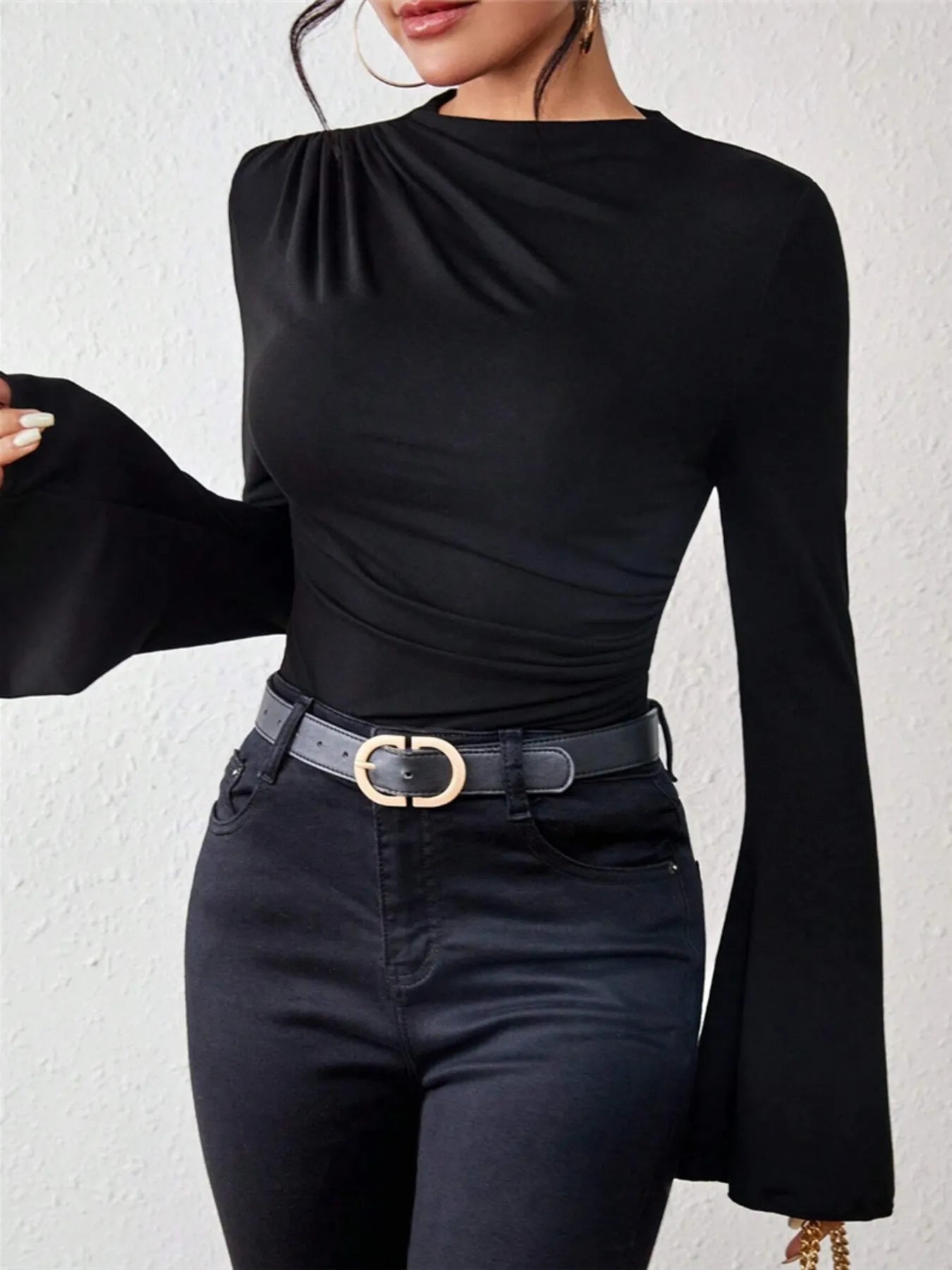Bell Sleeve Ruched Fitted T-Shirt with Mock Neck - Fashorio