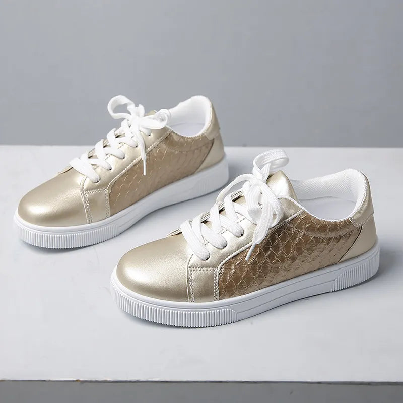 Round Toe Lace Up Sneakers Gold - Fashorio