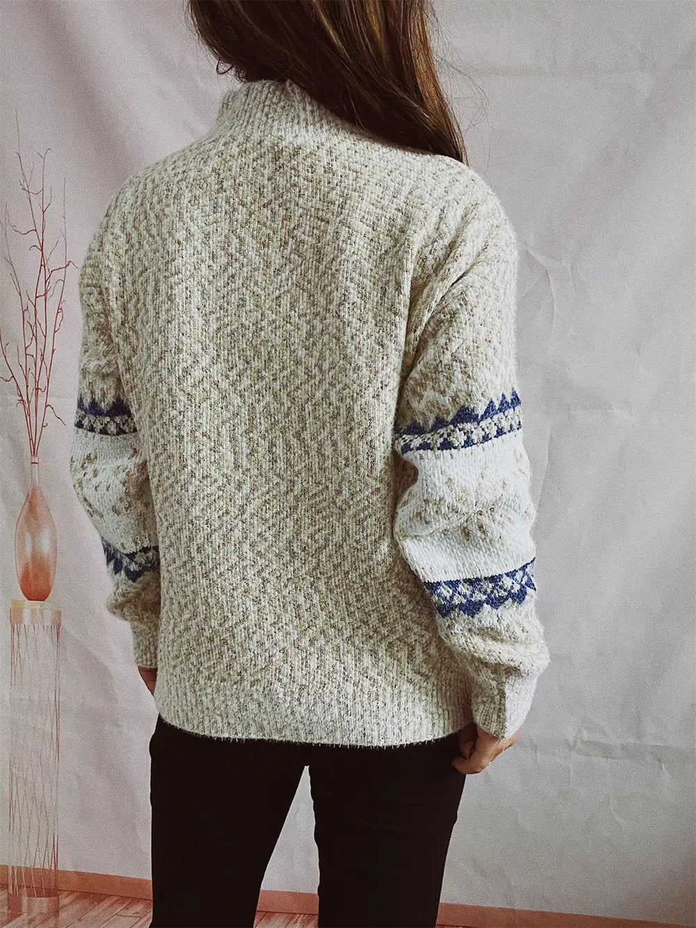 Geometric Mock Neck Dropped Shoulder Sweater - Fashorio