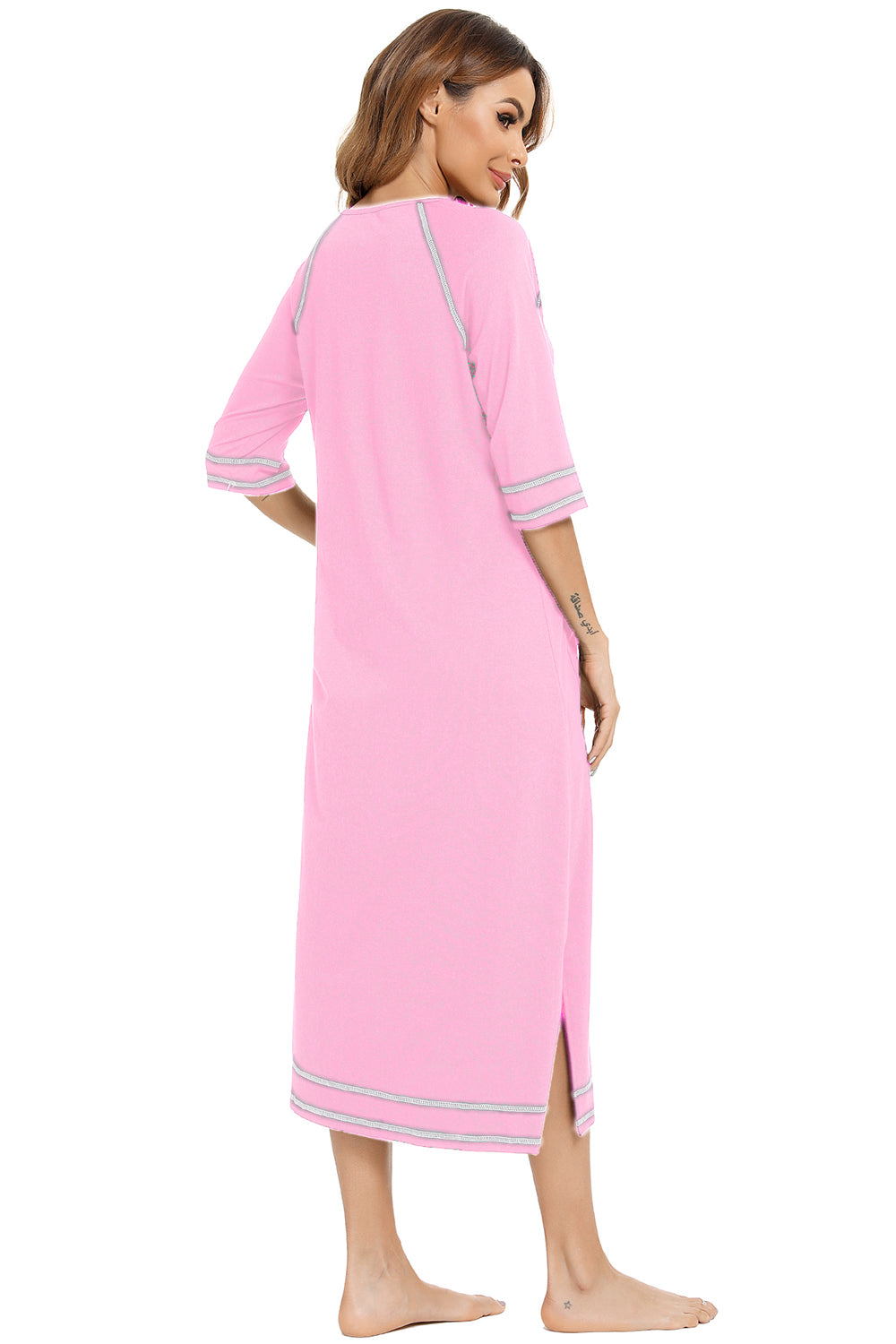 Zip Up Slit Round Neck Night Dress with Pockets - Fashorio