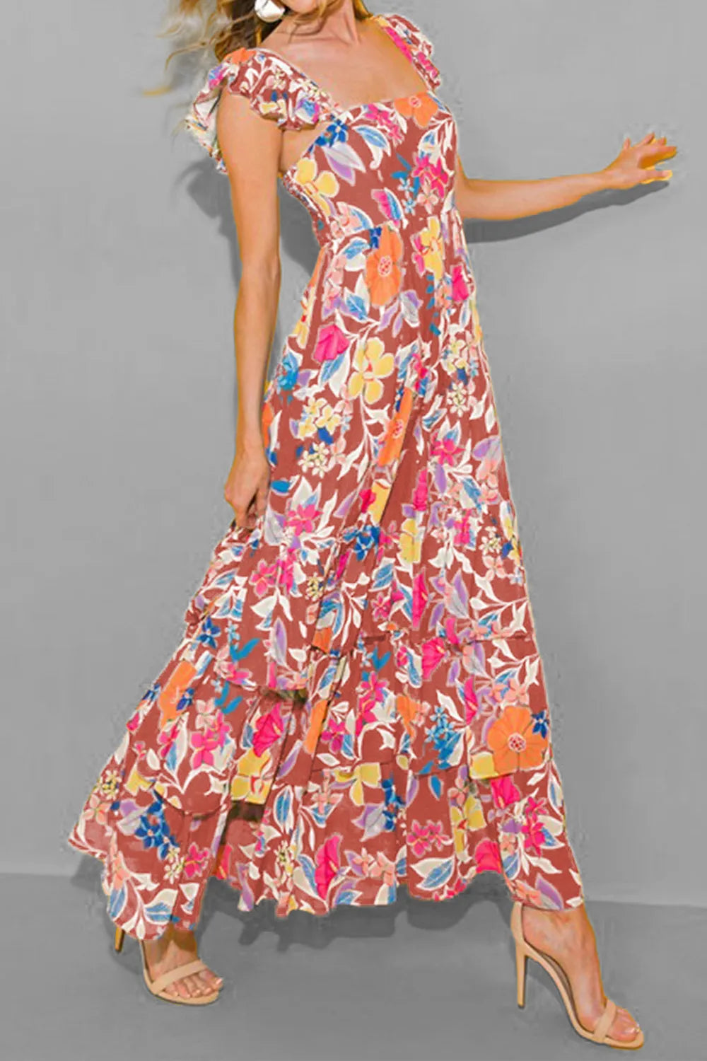 Tiered Ruffled Printed Sleeveless Dress Hot Pink - Fashorio
