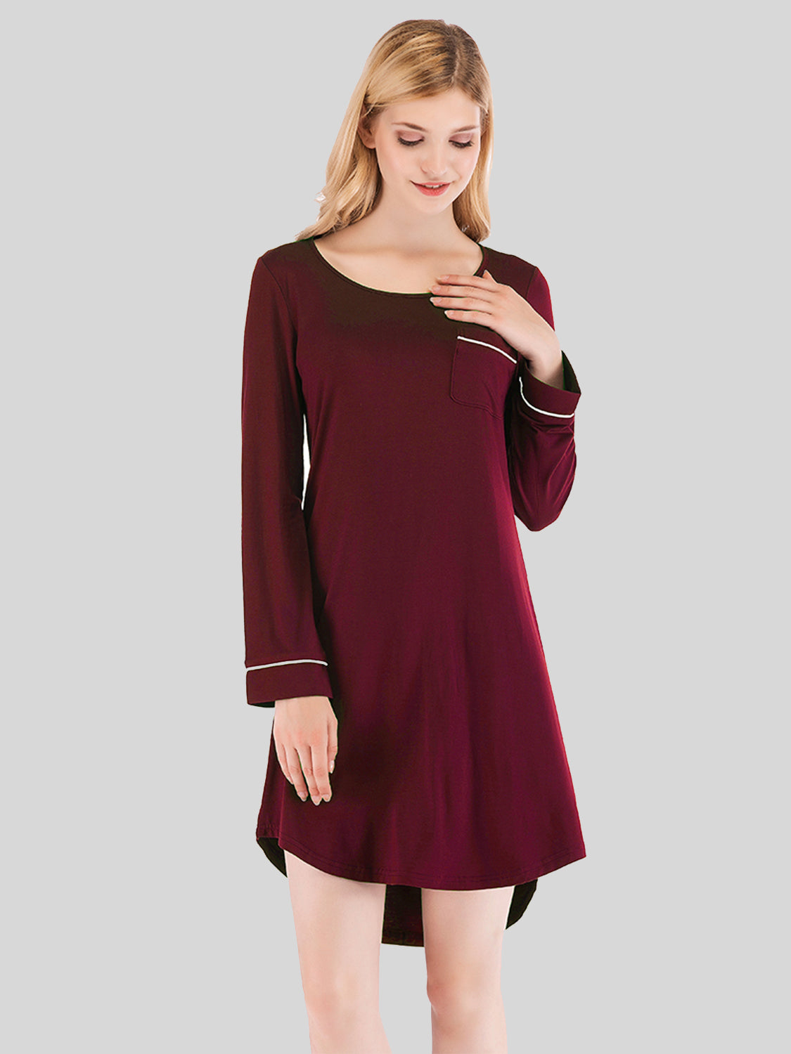 Round Neck Night Dress with Pocket Wine - Fashorio