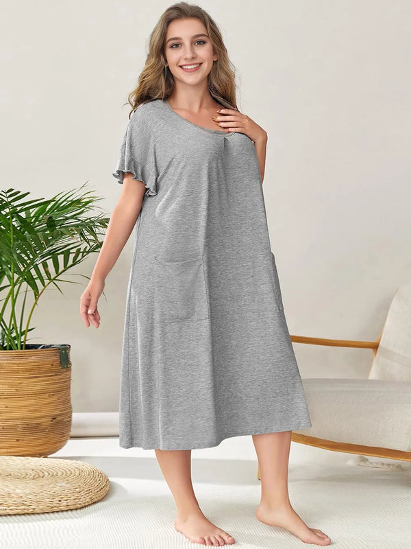Plus Size Round Neck Short Sleeve Lounge Dress Gray - Fashorio