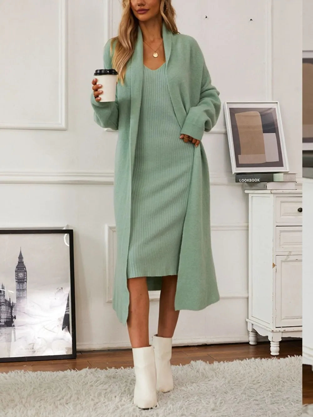V-Neck Cami Dress and Open Front Cardigan Sweater Set - Fashorio