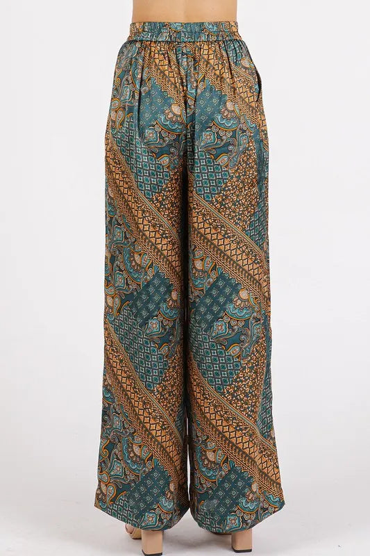 Mittoshop Paisley Patchwork Print Satin Wide Leg Pants - Fashorio