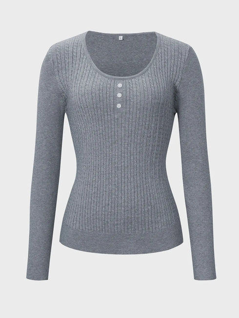 Button Detail Long Sleeve Cable Knit Top - Fashorio