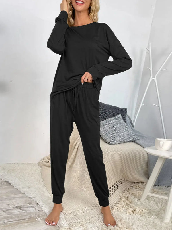 Shiny Round Neck Top and Drawstring Pants Lounge Set Black - Fashorio