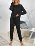 Shiny Round Neck Top and Drawstring Pants Lounge Set Black - Fashorio