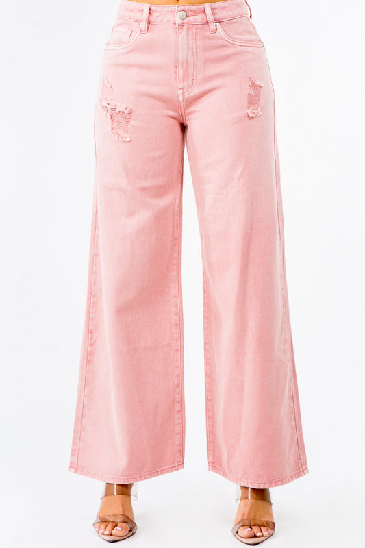 American Bazi High Waist Distressed Wide Leg Jeans Blush Pink - Fashorio
