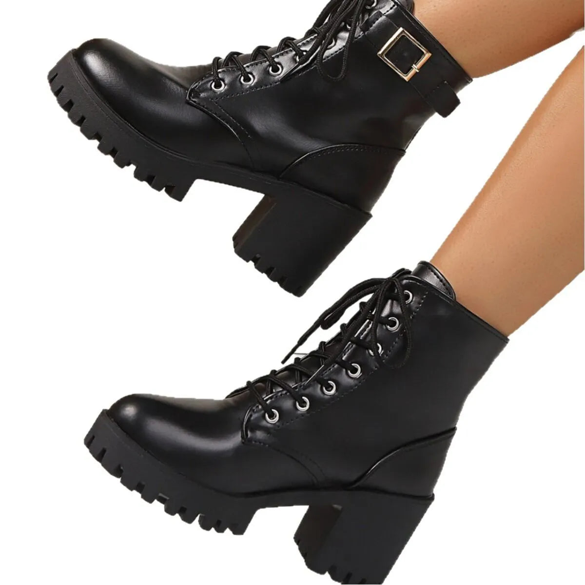 Combat Lace Up Boots with Buckle Straps - Fashorio