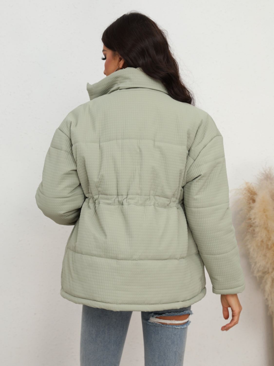 Drawstring Waist Zip-Up Puffer Jacket - Fashorio