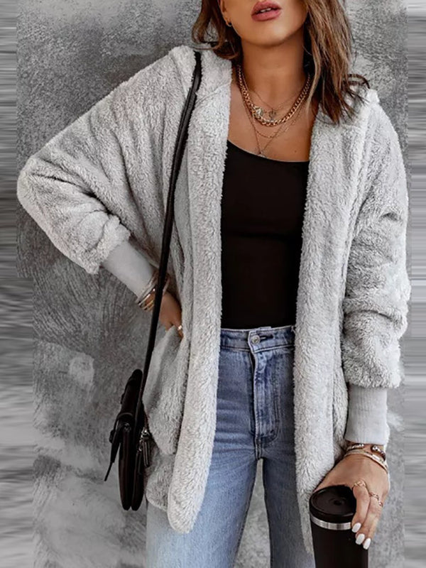 Open Front Hooded Faux Fur Outwear with Pockets Light Gray - Fashorio