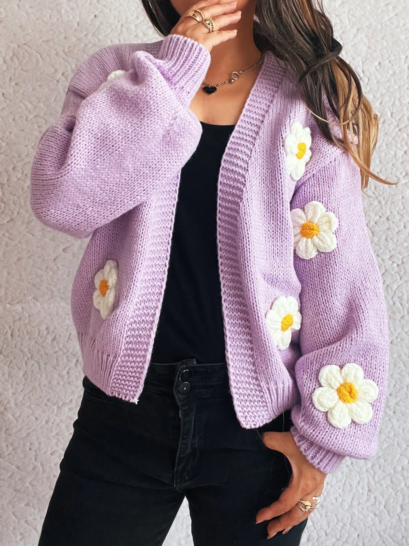 Flower Open Front Long Sleeve Cardigan Purple One Size - Fashorio