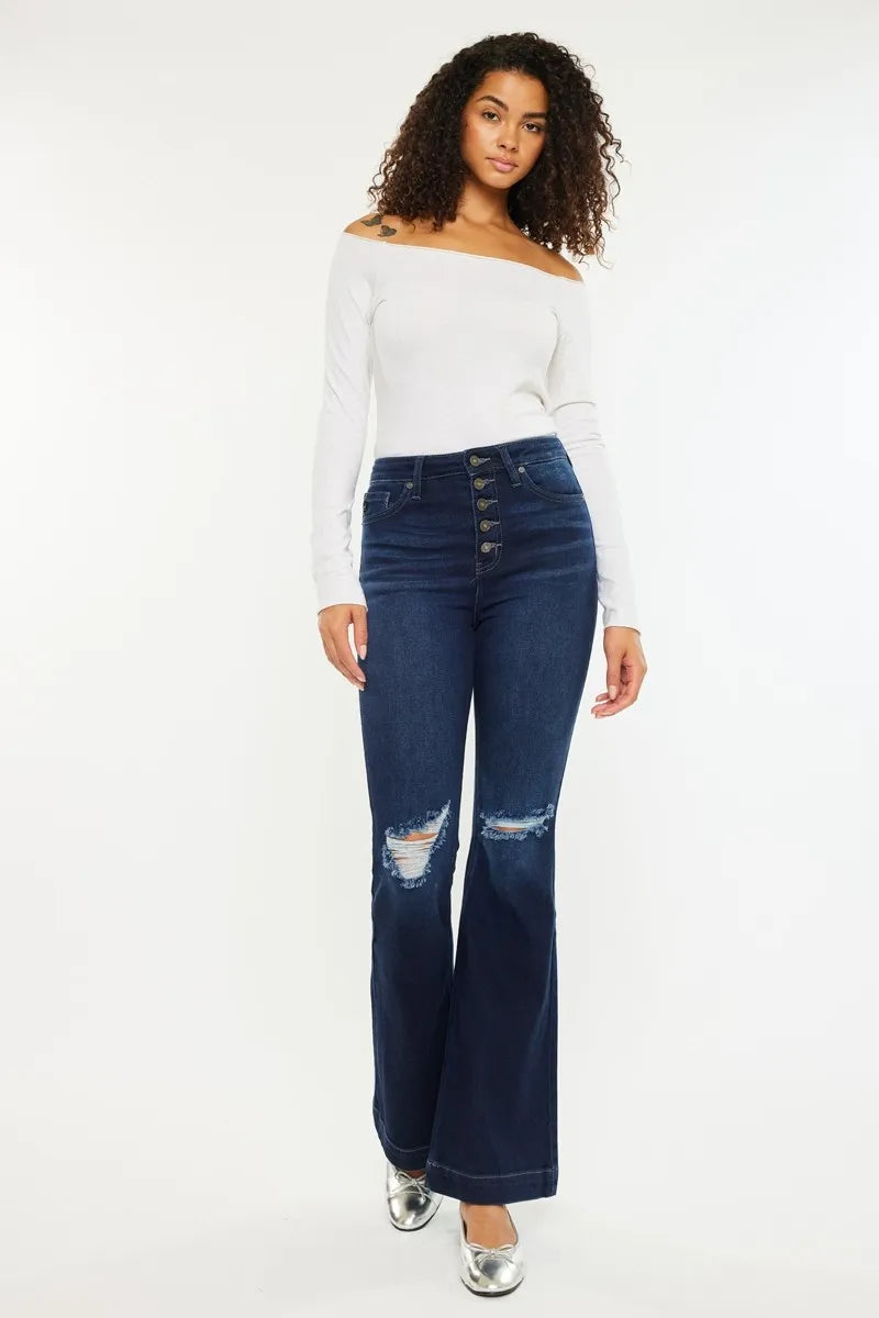 Kancan Button Fly High Rise Distressed Flare Jeans DARK - Fashorio