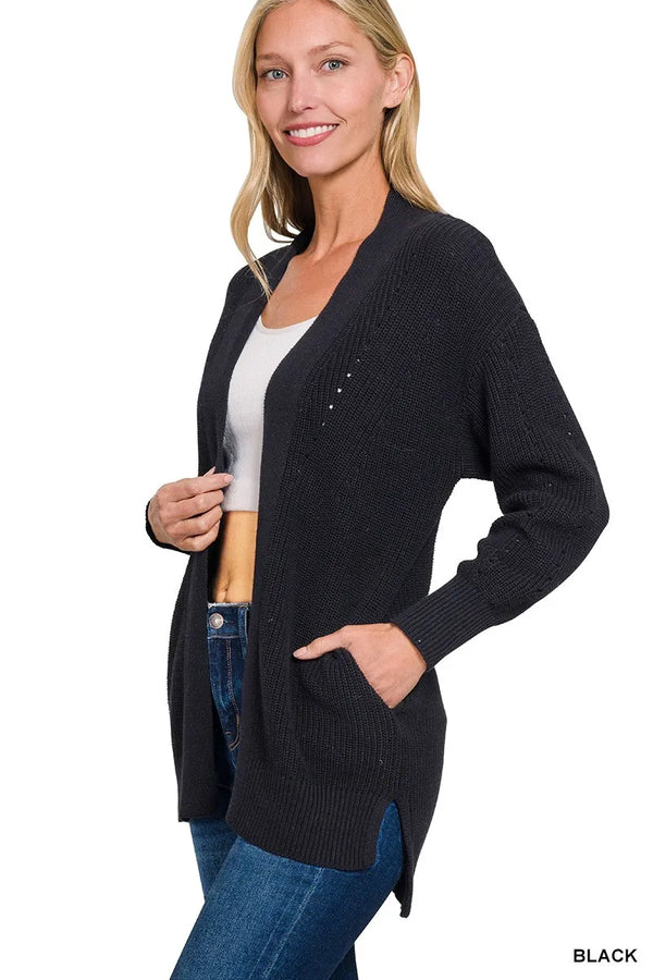 Zenana Eyelet Open Sweater Cardigan with Pockets BLACK - Fashorio